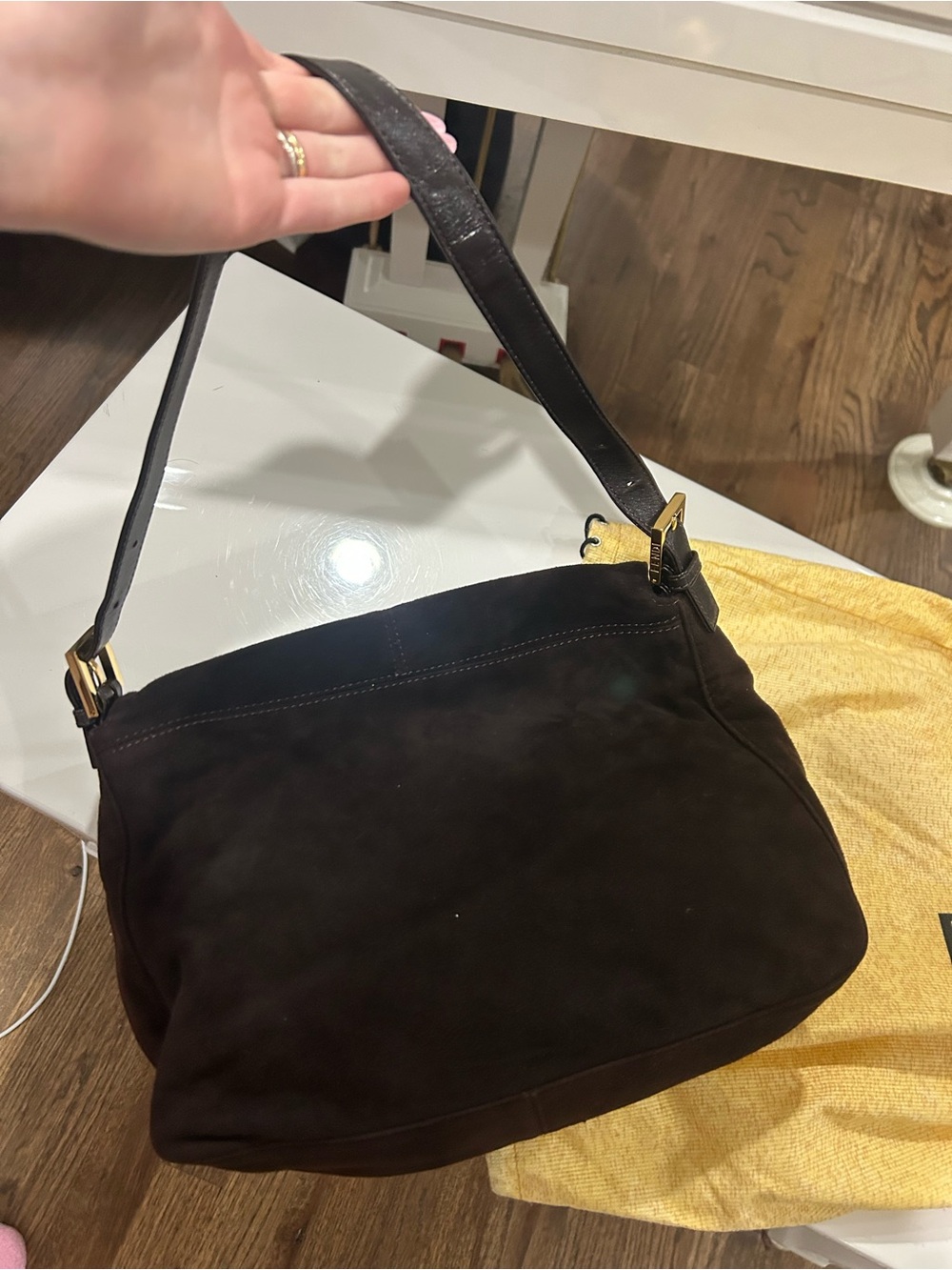 Fendi Dark Brown Suede Shoulder Bag with Gold-Tone Buckle - Picture 4 of 8